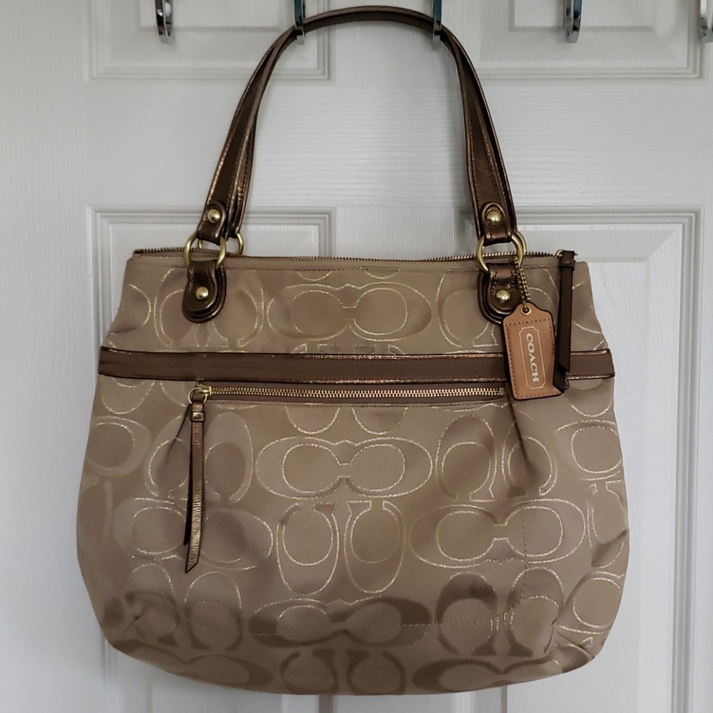 Coach Poppy Gold Metallic Signature Sateen Tote